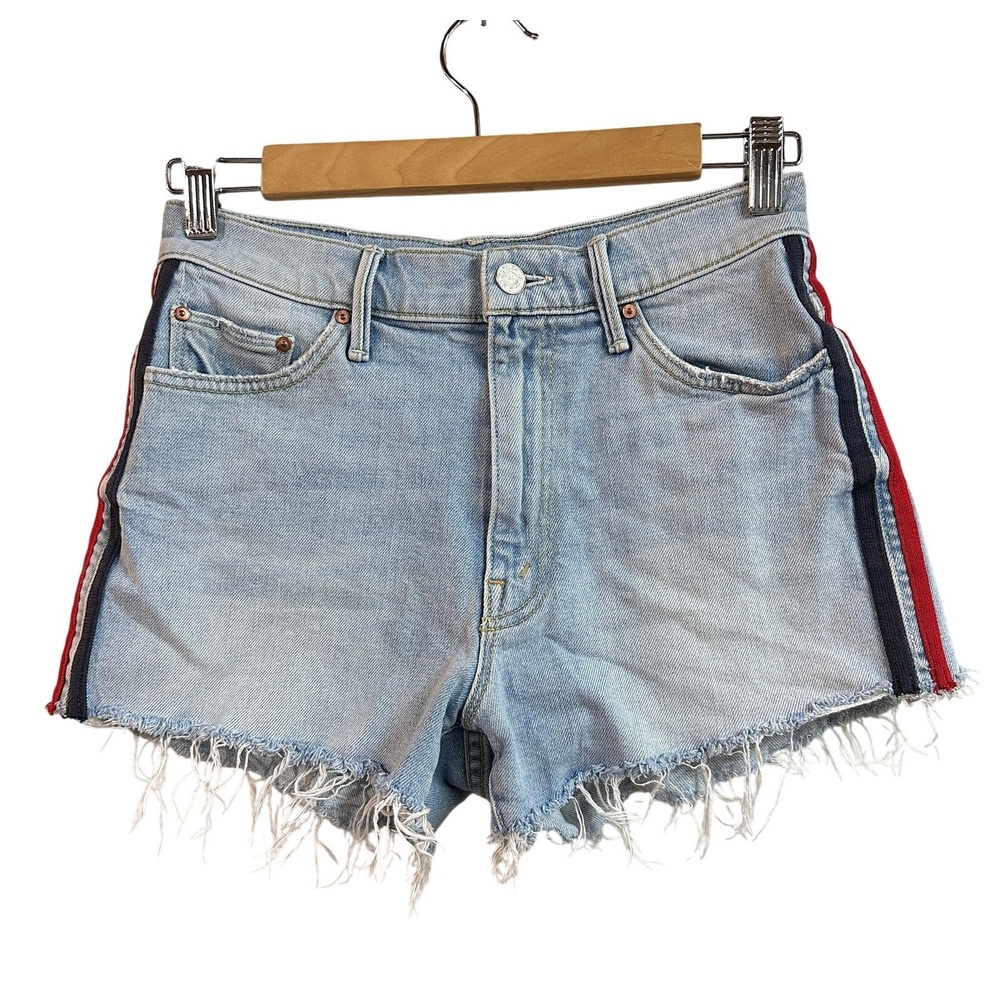 Mother Easy Does‎ It Thanks Racer Shorts Blue Denim Frayed Hem Striped Womens 24